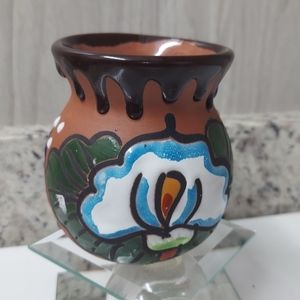 Red Clay Pottery Vase Flower Pot with Handle Painted Floral Abstract
